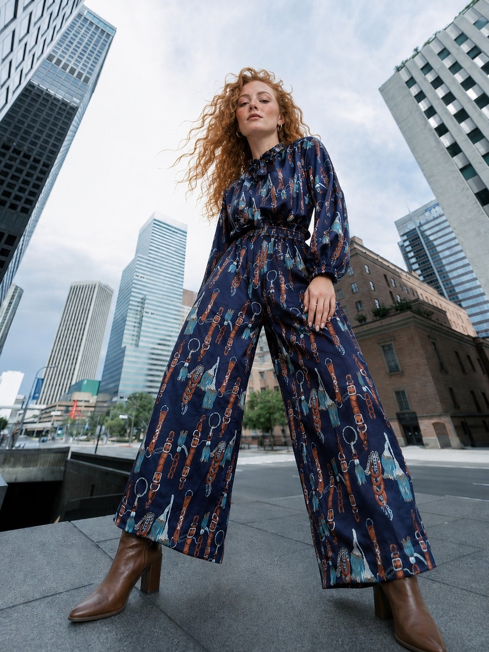 FASHION NOVA One Piece Jumpsuit Navy W/ Tassel, Belt & Chain Print